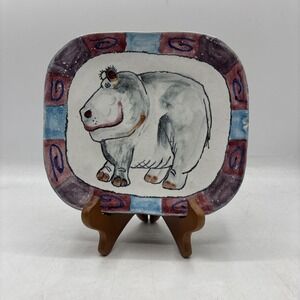 Suki Diamond Signed Handmade Hippo Caricature Animal Plate 8" Square Majolica